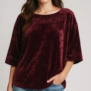 J.Jill Embroidered Pinot Multi Crushed Burgundy Velvet Blouse  Top Womens Medium